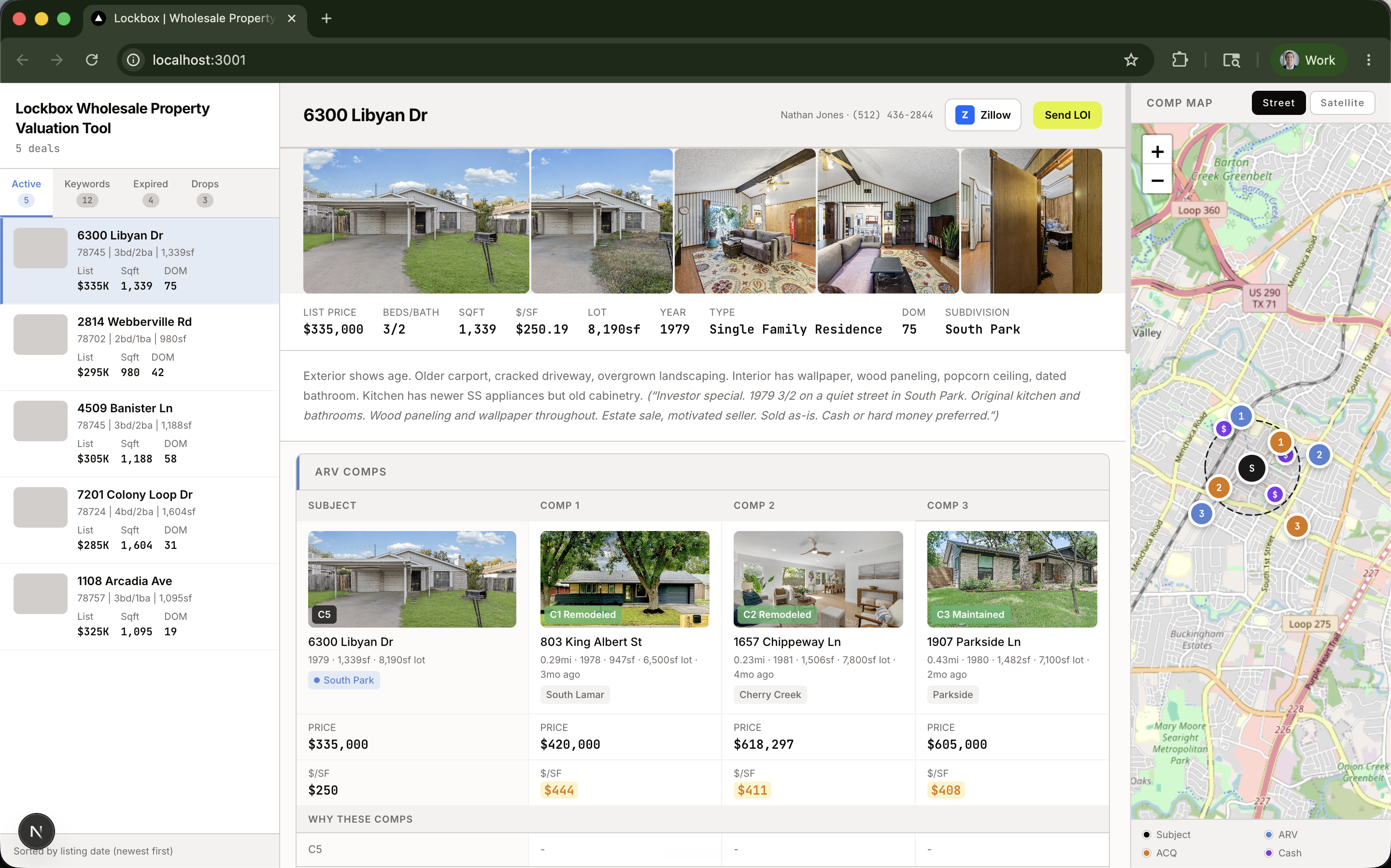 Lockbox deal page showing 6300 Libyan Dr — deal pipeline sidebar, property detail, deal math, condition breakdown, and ARV comps